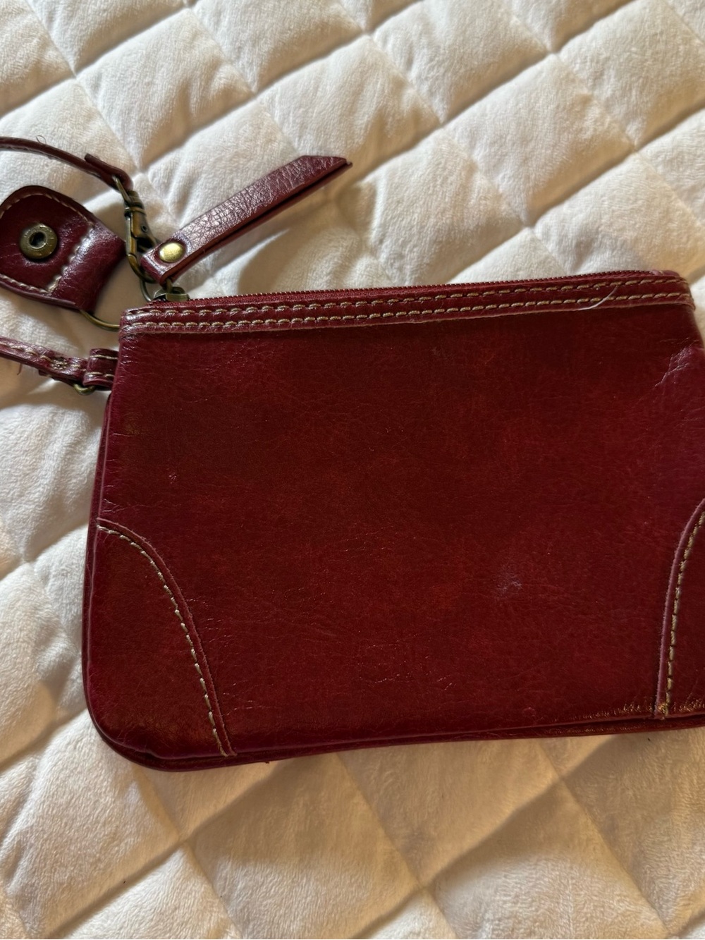 VTG Franklin Covey Red Leather Zip Top Wristlet Pouch Striped Lining